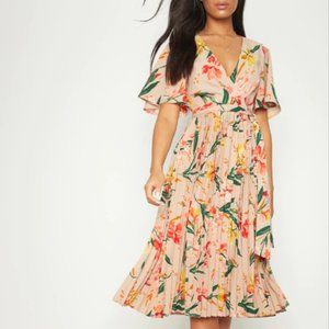 TAN/PINK FLORAL PLEATED MIDI DRESS PrettyLittleThing US8